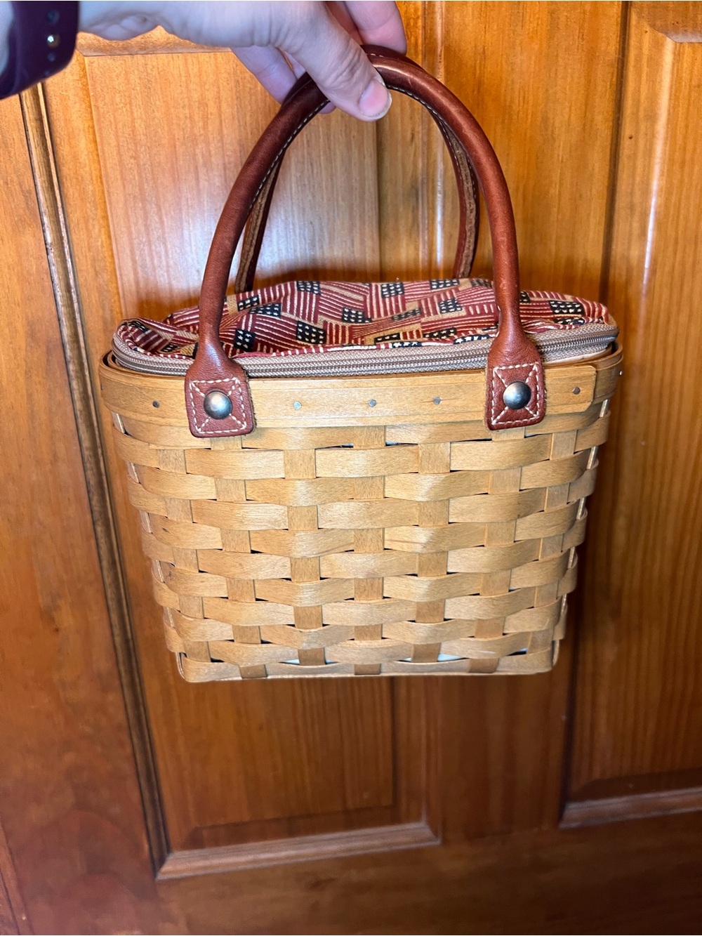 Longaberger Woven Tote with Brown Leather Handles and American flag liner